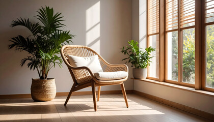 Fototapeta premium Relaxing Wicker Chair with Indoor Plants in Sunlit Room