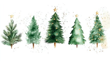 Fototapeta premium Watercolor pine and spruce trees with gold star toppers in row composition on white background, winter holiday design elements for seasonal greeting cards.