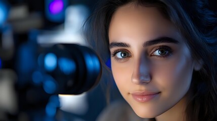 Young Mediterranean woman with bright blue eyes and gentle smile in dark studio setting with professional camera equipment and blue lighting effects.