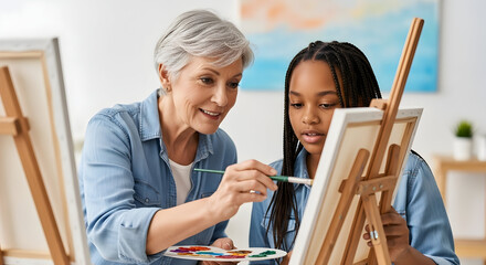 Senior Woman Teaching Young African American Girl to Paint on Canvas