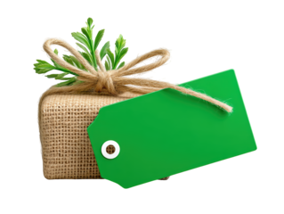 Two green gift tags tied with string, ecofriendly labels for sustainable branding and festive sales