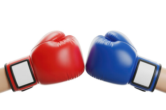 Red and blue boxing gloves in confrontation representing competition and rivalry isolated background