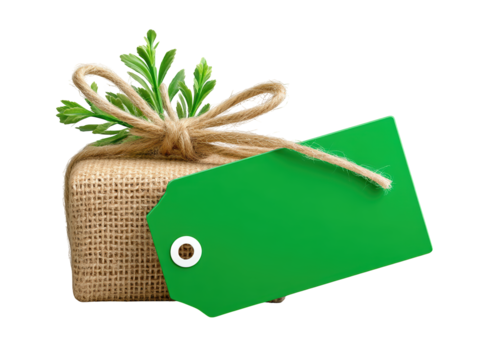 Two green gift tags tied with string, ecofriendly labels for sustainable branding and festive sales - Powered by Adobe