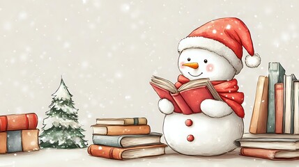 Cozy snowman in red Santa hat and scarf reading book among stacked literature and evergreen tree, watercolor winter holiday scene for greeting cards and decor.