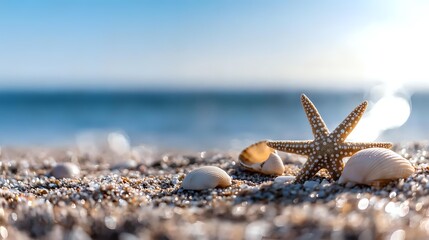 Starfish and seashells on sandy beach with blurred ocean waves and blue sky background, natural summer coastal scene with soft morning light.