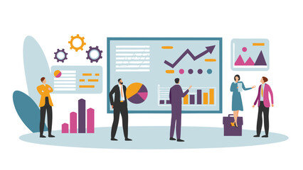 Business team analyzing data on a presentation board with charts and graphs and discussing strategy