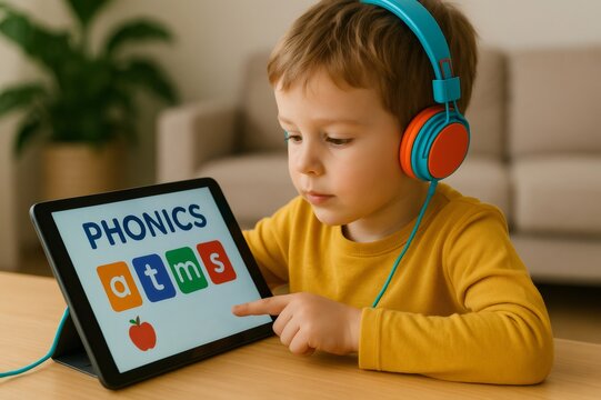 Young child wearing headphones interacts with a phonics app on a tablet, enhancing early literacy skills in a cozy home environment - Powered by Adobe