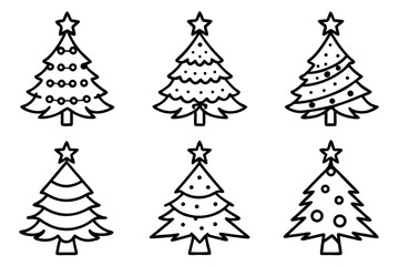 Christmas Tree Set with Star Minimal Line Art Vector