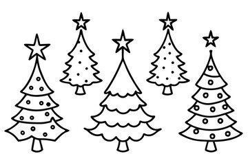 Christmas Tree Set with Star Minimal Line Art Vector