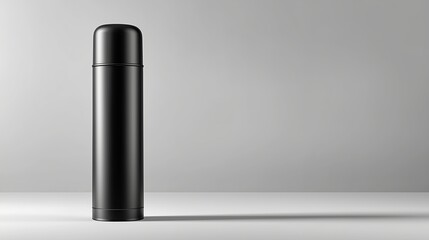 Stylish black thermos for hot beverages on a gray background