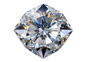 Close up top view of a sparkling cushion cut diamond with intricate facets reflecting light isolated on a transparent background