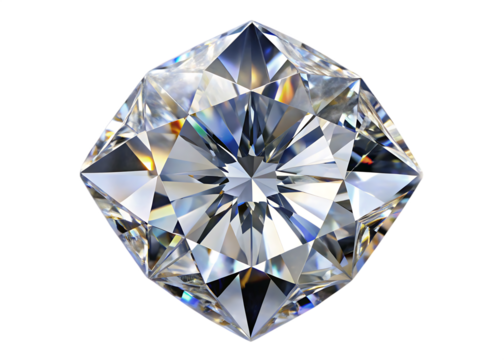 Close up top view of a sparkling cushion cut diamond with intricate facets reflecting light isolated on a transparent background