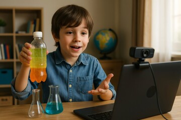 Enthusiastic boy conducting a virtual science experiment, holding a colorful liquid bottle, with a laptop and webcam setup for online learning