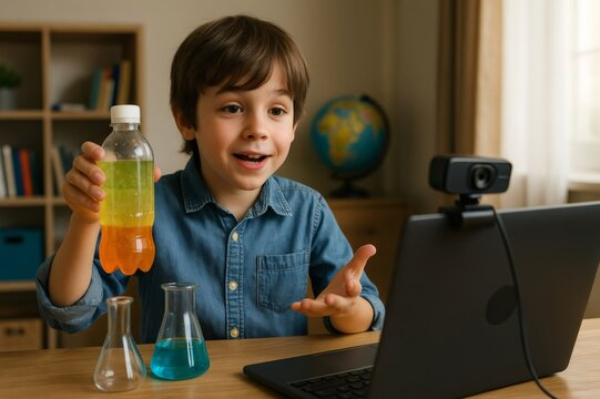 Enthusiastic boy conducting a virtual science experiment, holding a colorful liquid bottle, with a laptop and webcam setup for online learning - Powered by Adobe