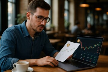 Focused businessman analyzing cryptocurrency investment using laptop and printed charts, evaluating market trends and financial data in cafe