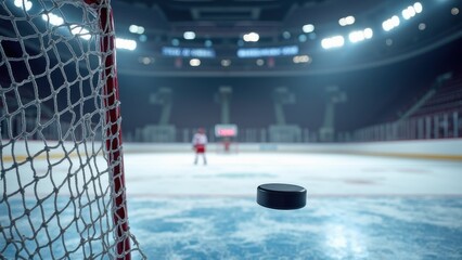 background hockey net and flying puck, back view of blurred hockey stadium