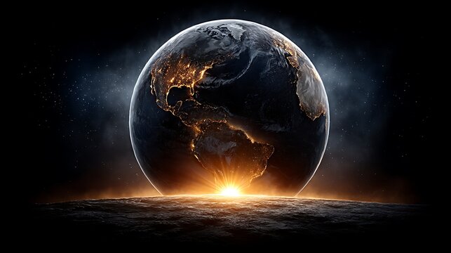 Glowing sunrise at the horizon of Earth as seen from space, surrounded by cosmic dust and stars, conveying themes of global unity and Earth Day awareness. 