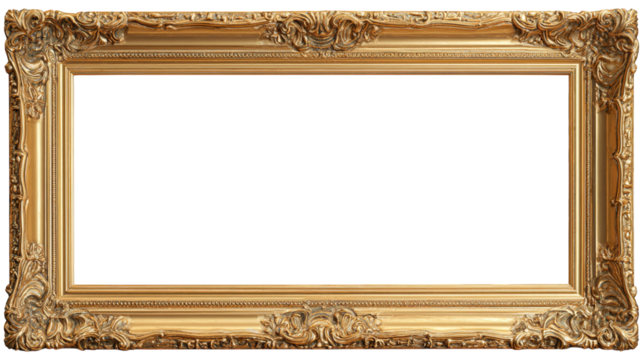 Ornate gold picture frame with detailed carving and a black center suitable for replacement with a