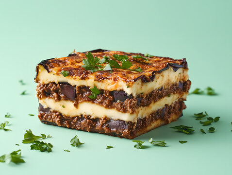 Delicious moussaka layered with eggplant meat sauce and b chamel garnished with parsley