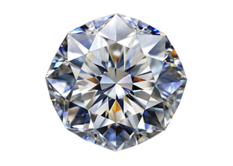 Close up top view of a brilliant cut diamond with sharp facets reflecting light isolated on a transparent background
