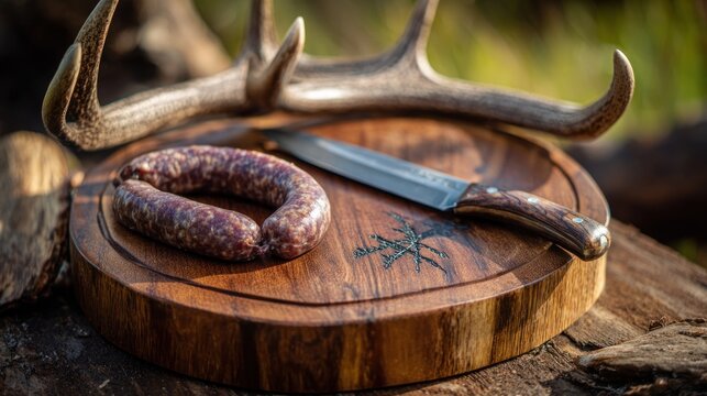 Rustic wooden board with sausage, knife, and antlers