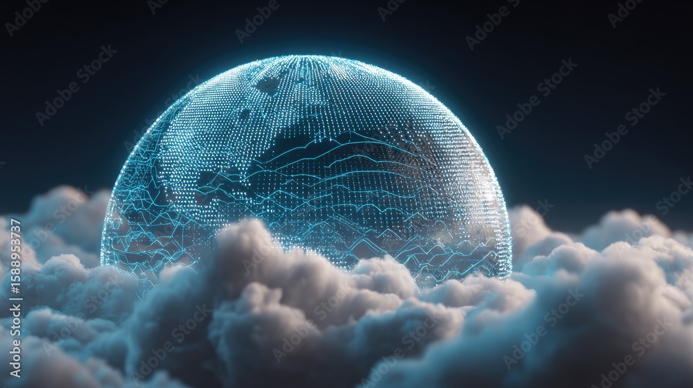 Poster digital globe with expanding wave lines and cloud computing icons