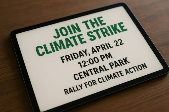 Sign promoting a climate strike event at Central Park, scheduled for April 22 at 12,00 PM, encouraging rally participation for climate action