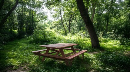 Naklejka premium Serene Wooden Picnic Table in Lush Green Forest
