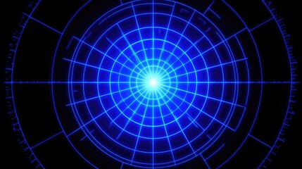 Obraz premium Futuristic blue radar screen display with scanning beams and rotating interface