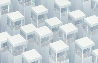 Futuristic Glass Data Cubes in Minimal Abstract Grid. 3d rendering