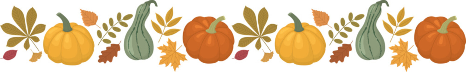 Autumn border with colorful pumpkins and leaves. Colorful fall banner template isolated on white