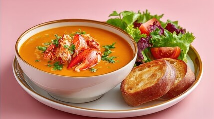 Creamy Lobster Crab Bisque with Fresh Salad and Toasted Bread on Elegant Plate