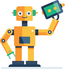 flat vector robotic arm holding digital tablet in futuristic style,