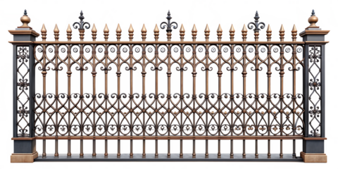 Ornate wrought iron fence with decorative scrollwork and finials on a white background isolated on a transparent background
