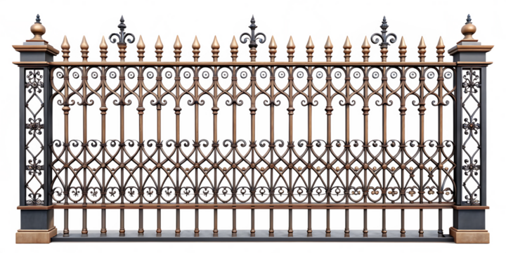 Ornate wrought iron fence with decorative scrollwork and finials on a white background isolated on a transparent background - Powered by Adobe
