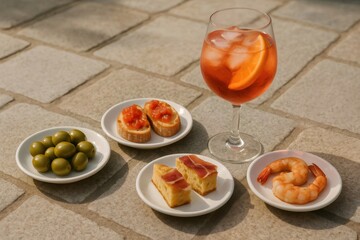 Delicious Italian tapas, including shrimp, olives, and bruschetta, paired with a refreshing spritz aperitif on a sunny terrace