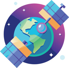 flat vector satellite orbiting earth in neon gradient,