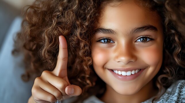 Young African American girl with curly hair and bright smile showing thumbs up gesture against blurred background. Positive expression and natural lighting. - Powered by Adobe