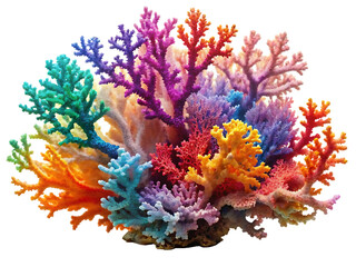 Vibrant multi colored branching coral reef cluster with diverse textures and shapes isolated on a transparent background