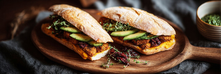 Savor a delicious breakfast featuring an epic mega sandwich loaded with fresh vegetables and spices, served alongside crispy toasted bread and a flavorful dipping sauce, banner