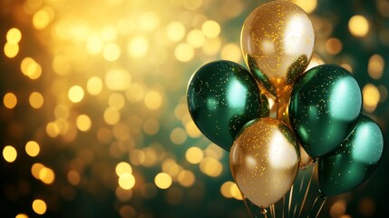 Elegant gold and greenElegant gold and green birthday balloons with glowing lights and festive b birthday balloons with glowing lights and festive bokeh background for celebration or party decoration
