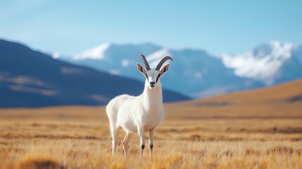Obraz premium Majestic white dall sheep standing alert in golden autumn tundra grass with snow-capped mountain peaks and blue sky in background, wildlife photography.