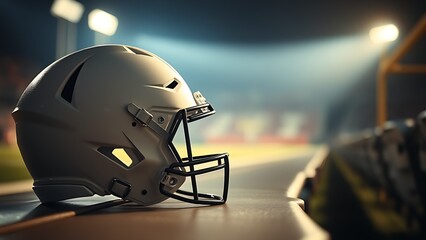 Fototapeta premium American football helmet resting on a bench under dramatic stadium lights, with a blurred field in the background.