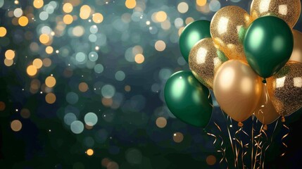 Elegant gold and green birthday balloons with glowing lights and festive bokeh background fElegant gold and green birthday balloons with glowing lights and festive bor celebration or party decoration

