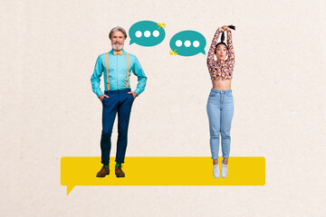 Creative design composite trend artwork collage of aged man young lady stand smile talk message...