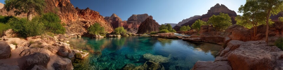 Obraz premium Panoramic 360 degrees hdr landscape of a serene oasis in nature's beauty