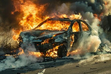 Car engulfed in flames and emitting smoke, depicting a vehicle fire incident on a road