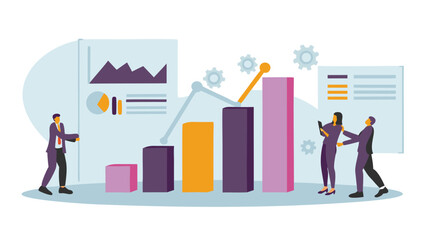 Fototapeta premium Business team analyzing financial data and growth charts with bar graphs and line graphs on a screen