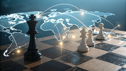 Chess game with a world map background representing global strategy, business leadership and international networking with connections spanning continents.