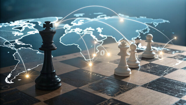 Chess game with a world map background representing global strategy, business leadership and international networking with connections spanning continents.